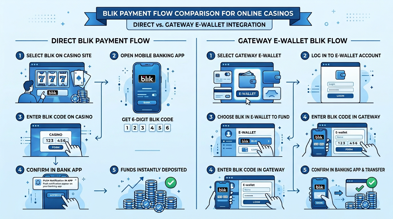 Infografika porównująca płatność BLIK bezpośrednią oraz przez portfel elektroniczny w kasynie online