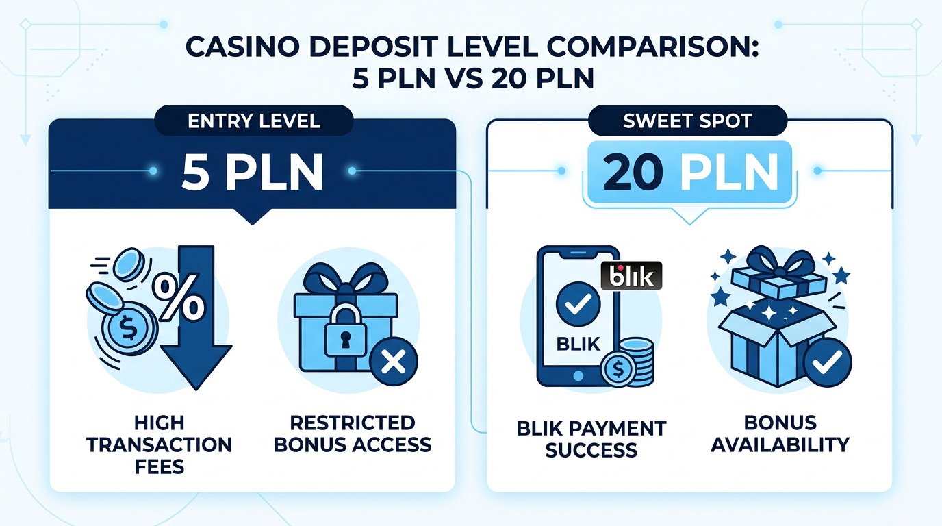 Infografika porównująca poziomy niskich depozytów w kasynach: 5 PLN vs 20 PLN