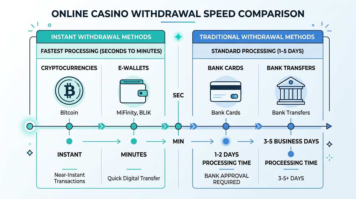 Infografika porównująca szybkość wypłat w kasynach online dla różnych metod płatności