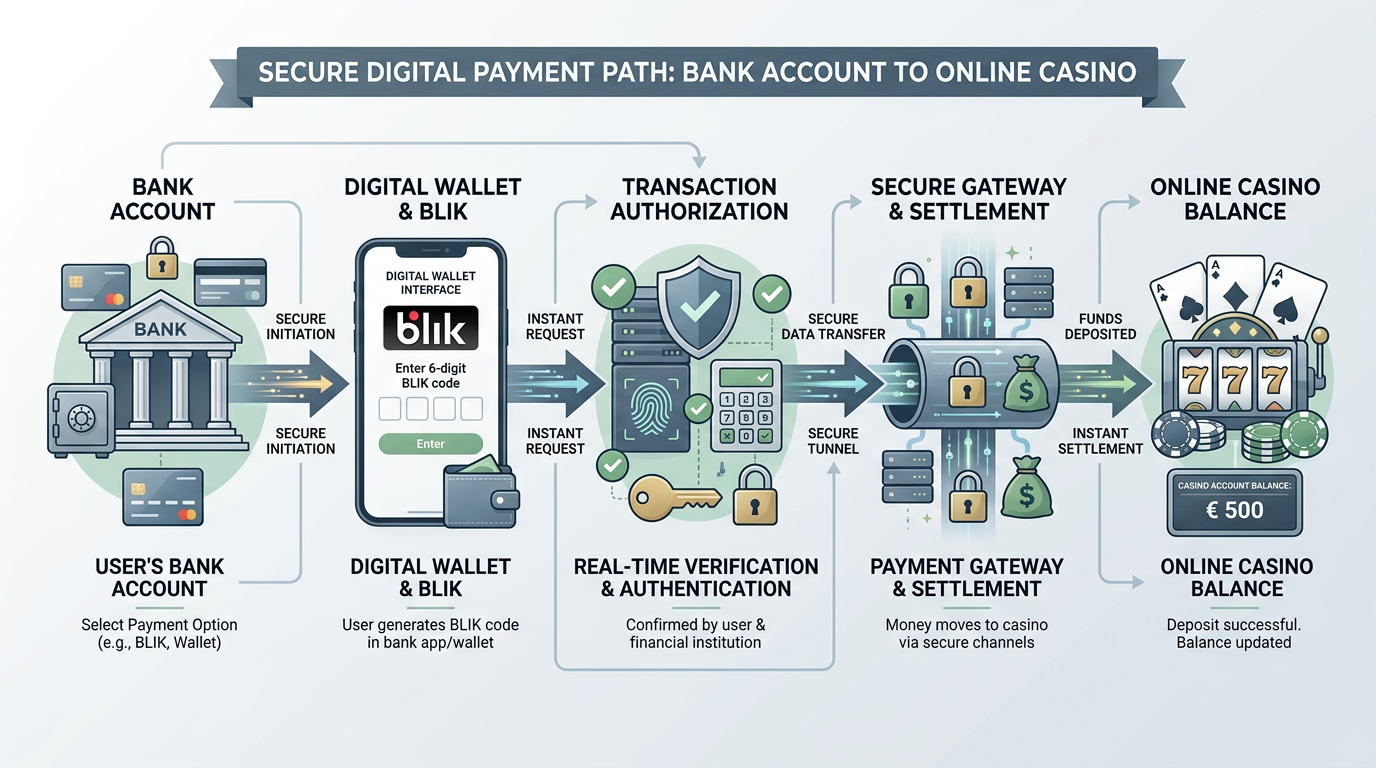 Infografika przedstawiająca bezpieczny przepływ środków finansowych w kasynie online przy użyciu BLIK i portfeli elektronicznych