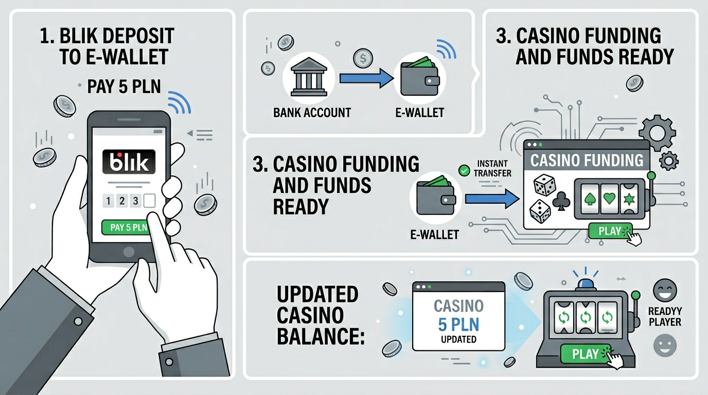 Infografika przedstawiająca proces wpłaty 5 zł do kasyna przez portfel elektroniczny