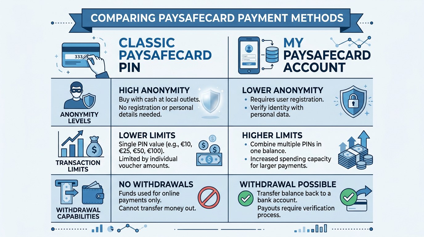 Infografika porównująca klasyczny kod PIN Paysafecard z kontem My Paysafecard