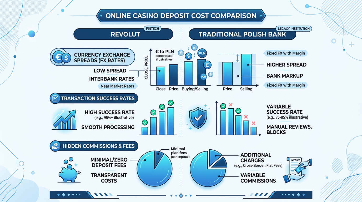 Infografika porównująca koszty depozytów w kasynie: Revolut vs tradycyjny bank polski