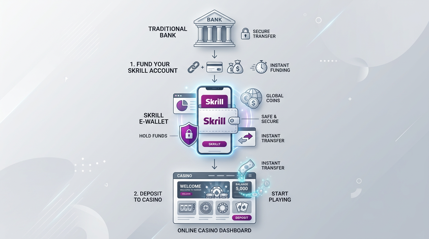 Infografika przedstawiająca ekosystem płatności Skrill: przepływ środków od banku do kasyna online