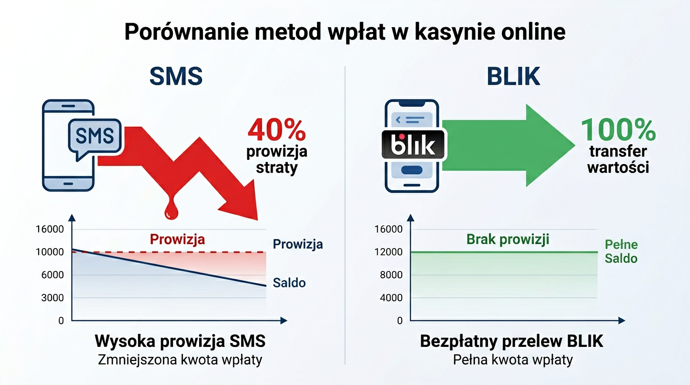 Infografika porównująca opłacalność płatności SMS i BLIK w kasynie online, pokazująca prowizje i realne saldo gracza.